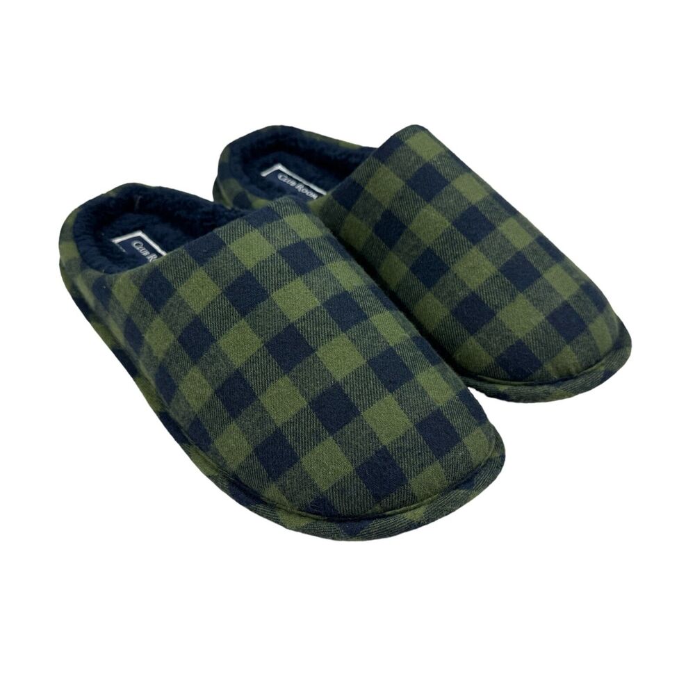 Club Room Mens Plaid Fleece-Lined Slip-On Slippers Green Blue S 6-7